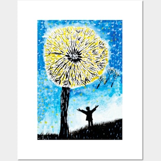 boy under a magic dandelion tree Posters and Art